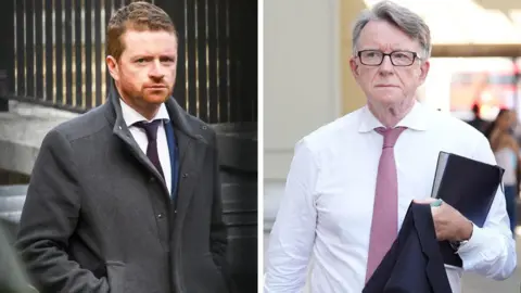 Getty Images and PA Side by side shots of Former Downing Street chief of staff Morgan McSweeney (left) and former US ambassador Lord Mandelson. McSweeney is walking down Downing Street in a dark grey coat, a white shirt and a dark tie. Lord Mandelson is pictured walking down a street holding a dark jacket and wearing a white shirt with a pink tie and spectacles.