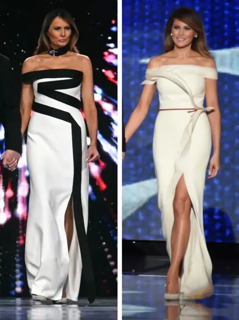 Melania Trump pictured at the inauguration ball in 2025 and 2017 in floor length gowns with a slit up one leg and geometric detailing on the front