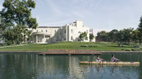 A CGI-generated image of two rowers rowing past Bray Studios.