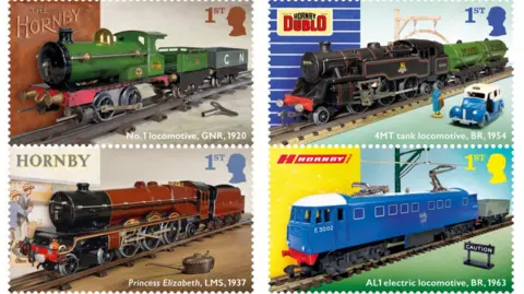 Royal Mail Four of the eight stamps showing: a model green No.1 locomotive, GNR, 1930; a model red and black Princess Elizabeth, LMS, 1937; a model black 4MT tank locomotive, BR, 954; and a model blue AL1 electric locomotive, BR, 1963.