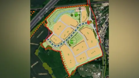 A diagram showing the site of more than 200 homes, superimposed over an aerial view of a field between existing houses and a motorway.
