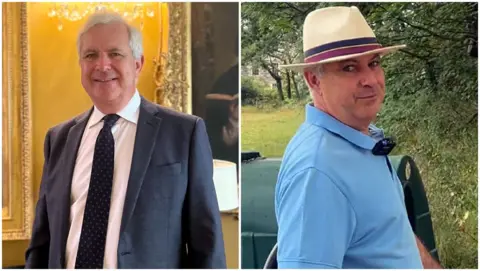 BBC Two images of Major Christopher Beaumont side by side. The left image is the major in a room with portraits and a gold wall, dressed in a suit. The right image is him in in a field wearing and a Panama hat.