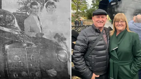 Gary and Sonia Brown in two photos, on the left is their wedding day 40 years ago, on the right is them now.