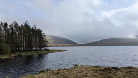 Getty Images A body of water surrounded by large mountains. There is a small forest to the left of the image by the water's edge. the sky is cloudy.