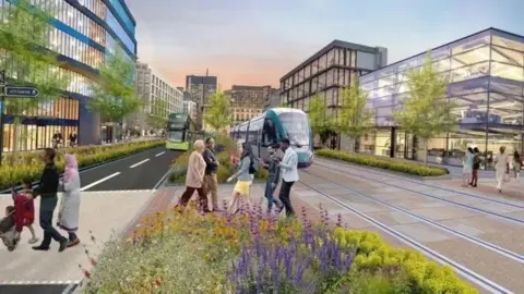 WYCA An artist's impression of a new tram line in Leeds. Flowers are seen in the foreground, with pedestrians and buildings behind. A tram can be seen on the right, with a bus travelling along a road on the left.