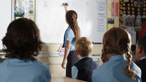 A classroom scene in a primary school. Several children in school uniforms are gathered around a table and facing a large whiteboard at the front of the room.
In the centre of the image, one child is standing and writing on the whiteboard with a blue marker pen. The child has long hair tied into a braid and is wearing a light blue short-sleeved shirt and a dark skirt. On the whiteboard, a word game appears to be in progress. Several letters are already written across the board, including "E", "O", "I", and "N", with blank spaces between them.