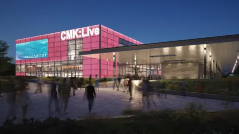 An artist's impression of the entertainment complex. It consists of a large, modern rectangular building. To the left of the building, there is a large covered area supported by pillars which have white lights at the top. The rectangular building is lit up pink with the words "CMK: Live" in white lights at the top. There are blurred images of people heading towards the complex across a forecourt.