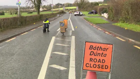 RTÉ Two cars are visible in the rear of the picture. The remains of a blue car is on the grass.  A second white vehicle is on the road. A road closed sign is in the foreground