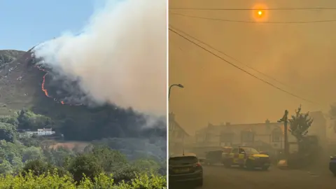 Rita Raweily A composite side by side. On the left, there is a hill with clear damage from a fire as some bellows from the hillside. There is a strip of fire coming down the mountain. On the right, the sky is barely visible with the sun just poking through the blooms of smoke in the sky. There is an emergency vehicle visible on the side of the road.