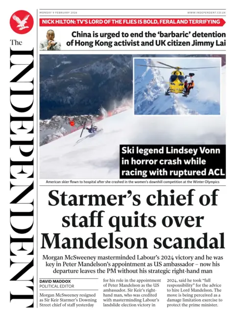 "Starmer's chief of staff quits over Mandelson scandal" reads the headline on the front page of the Independent.