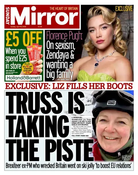 The headline on the front page of the Sunday Mirror reads: "Truss is taking the piste."