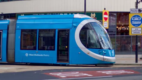 A tram on the West Midlands Metro in Wolverhampton