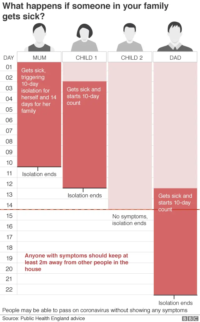 Graphic showing how a household should isolate when a member shows symptoms of coronavirus