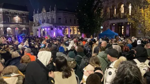 BBC/Steve Martin  Large crown of people before the lights in Ipswich are switched on