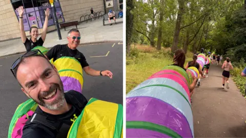 Craig Robson The picture on the left is a selfie style photograph of a two men and a woman in a line wearing a caterpillar costume. The picture on the right is the view of one of the runners from his position in the middle of the caterpillar costume. 