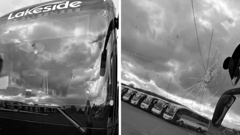 Lakeside Coaches Composite image with two pictures of the damage, showing a "spider's web" of glass damage around an impact point in the centre of the windscreen 