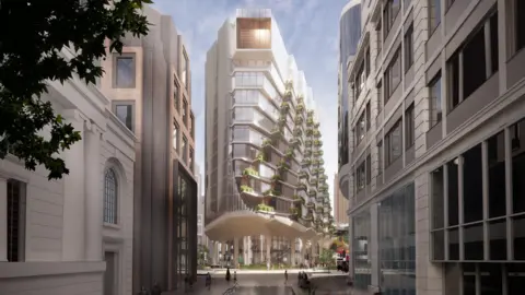 A computer-generated image of a new office block at the London Wall West project. 