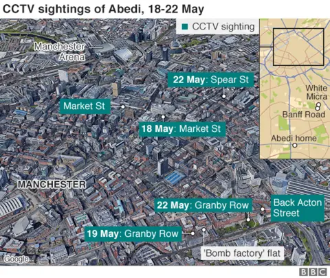 Map showing cctv sightings to Abedi