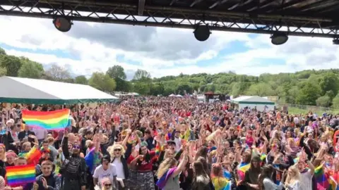 Durham Pride Pride crowds photographed from the event's stage. They are waving rainbow flags and have their hands up in the air.
