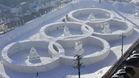 Getty Images This photo taken February 4, 2017 shows the snow sculpture shaped of the Olympic rings at the town of Hoenggye