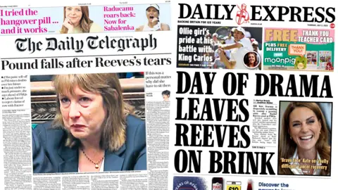A composite image of The Daily Telegraph and the Daily Express. "Pound falls after Reeves's tears" reads the headline on the front page of The Daily Telegraph and "day of drama leaves Reeves on Brink" reads the headline on the front page of the Daily Express. A picture of Catherine, Princess of Wales is accompanied by the caption "'Brave face' Kate on 'really difficult' cancer recovery".