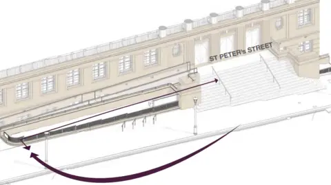 Norwich City Council A sketch showing designs for a new access ramp in front of Norwich City Hall. It runs along the front of the building from the pavement to the top of the entrance steps.