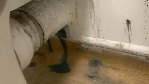 Laura-May A white wall and wood-covered floor, with a pipe coming out of the wall. There are several signs of mould streaks and spores.