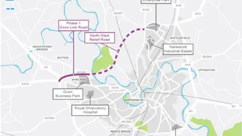 Shropshire Council Map of the proposed north west relief road