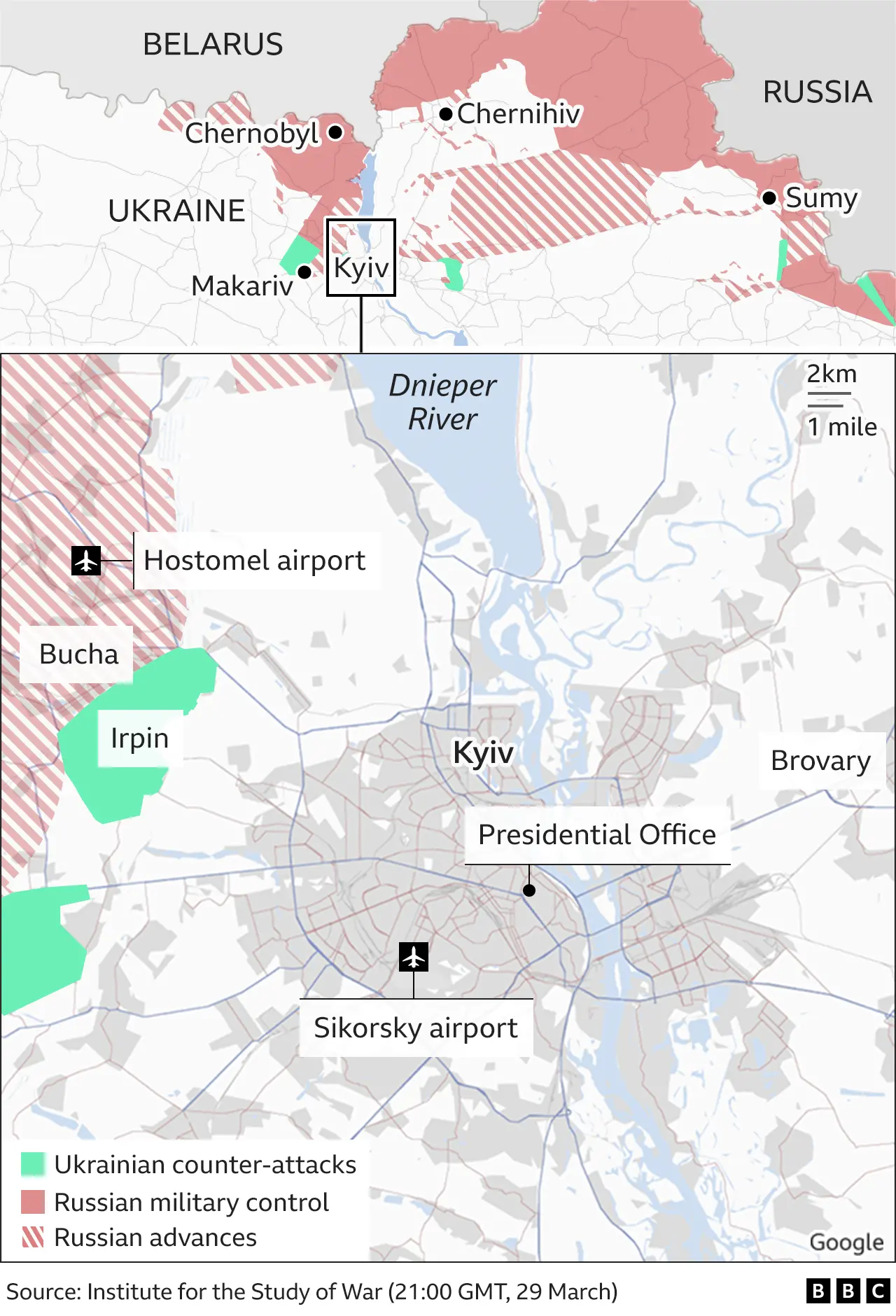 Map showing how Russian forces are positioned around Kyiv