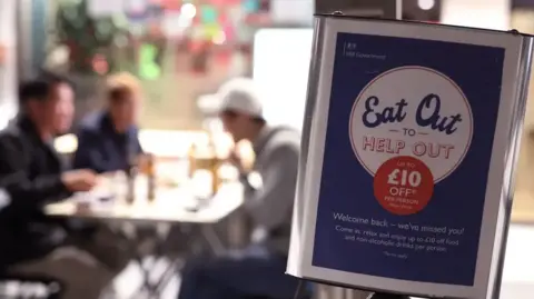 An Eat Out to Help Out poster can be seen in the foreground of the photo with three people sat at a restaurant table in the background. They are slightly blurred in the image.
