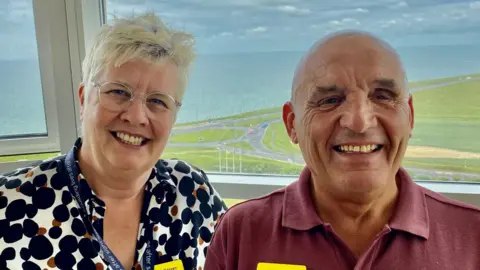 Blind Veterans UK Lesley Garven with blind veteran Alan Walker