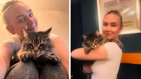 Carl Crowther Two images of a cat being cuddled and held by a young woman