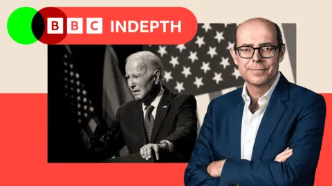 A treated image of Joe Biden with a image of Nick Robinson edited on the side