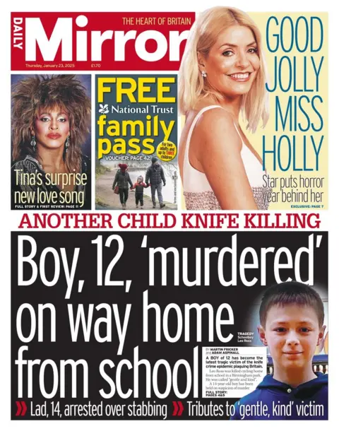 The headline in the Daily Mirror reads: Boy, 12, 'murdered' on way home from school