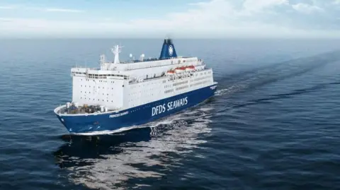 The Princess Seaways ferry is shown, with the words DFDS Seaways written on the blue lower part of the ship. The top is painted white. 