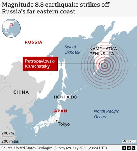 A map showing the place of hitting the earthquake near the Kamchka Peninsula Russia