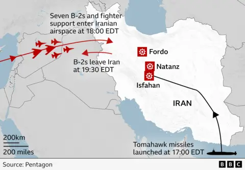 A map of Iran showing that the B-2s and their fighter support team entered Iranian airspace at 18:00 EDT (23:00 BST), completed their bombing mission and then left Iranian airspace within an hour and a half. At the same time Tomahawk missiles were fired from a US naval submarine at 17:00 EDT (22:00 BST), timed to hit Isfahan shortly after the B-2s had delivered their bombs.