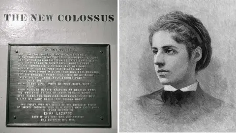 Getty Images The New Colossus plaque and Emma Lazarus