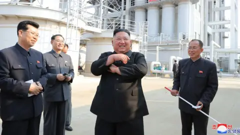 Reuters North Korean leader Kim Jong-un visits a fertiliser factory north of Pyongyang, reportedly on 2 May 2020