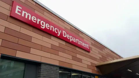 The outside of the new emergency department showing the brown bricklike cladding and the canopy.