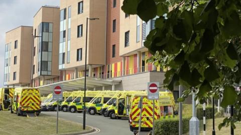 Ambulances lined up outside the Royal Stoke University Hospital