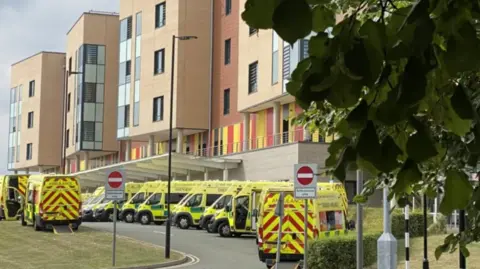BBC Ambulances lined up outside the Royal Stoke University Hospital