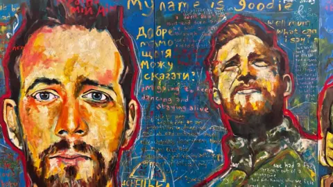 Two scenes of a painting depicting the same Ukrainian soldier. The first shows a look of fear in his eyes as he looks directly at the viewer while the other shows him looking into the distance from below. He is painted onto a blue background, surrounded by Ukrainian and English messages related to the war in Ukraine.