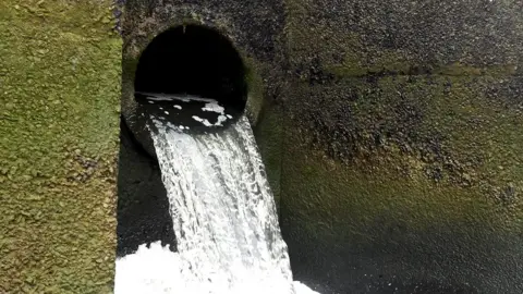 Water flows out of a pipe. The pipe is a circle in a concrete wall, which is coloured brown and green.