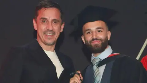 Bader Al-Akkad Bader Al-Akkad stands in a graduation gown and mortarboard between two men (Gary Neville, left) at a graduation ceremony.