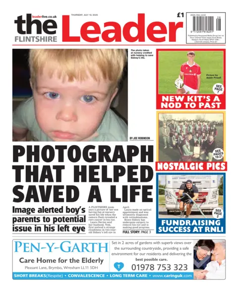 The Flintshire Leader Flintshire Leader newspaper front page shows main headline next to a photo of toddler: Photograph that helped saved a life, Images alerted boy's parents to potential issue in his left. Other headlines on the front page are: nostalgic pics, fundraising success at RNLI, new kits a nod to the past.