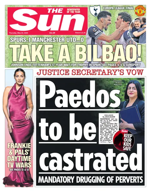 The headline of the front page of the Sun reads: "Paedos to be castrated".