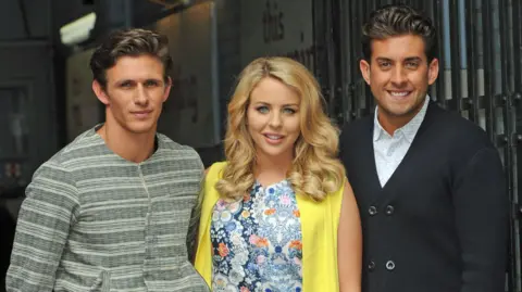 Getty Images Hall, Lydia Bright and James Argent posing in a row at ITV Studios