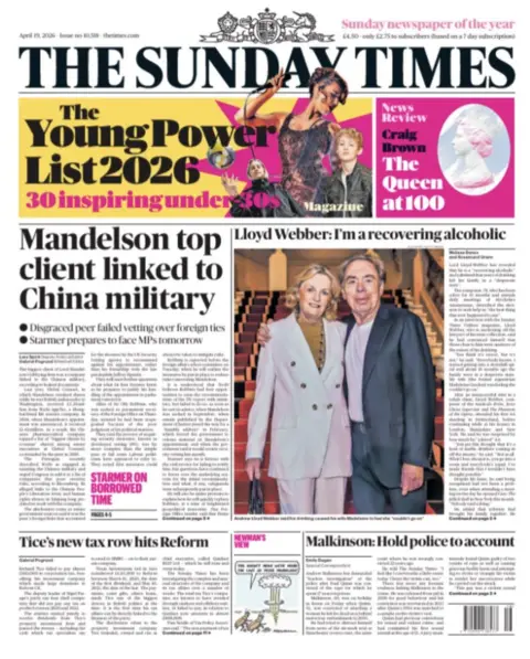 The headline on the front page of the Sunday Times reads: "Mandelson top client linked to China military."