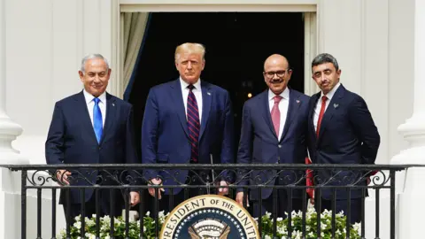 EPA (Left to right) Israeli Prime Minister Benjamin Netanyahu, US President Donald Trump, Bahrain Foreign Affairs Minister Sheikh Khaled Al Khalifa, and UAE Foreign Affairs Minister Sheikh Abdullah bin Zayed Al Nahyan during the Abraham Accords signing ceremony at the White House (15 September 2020)